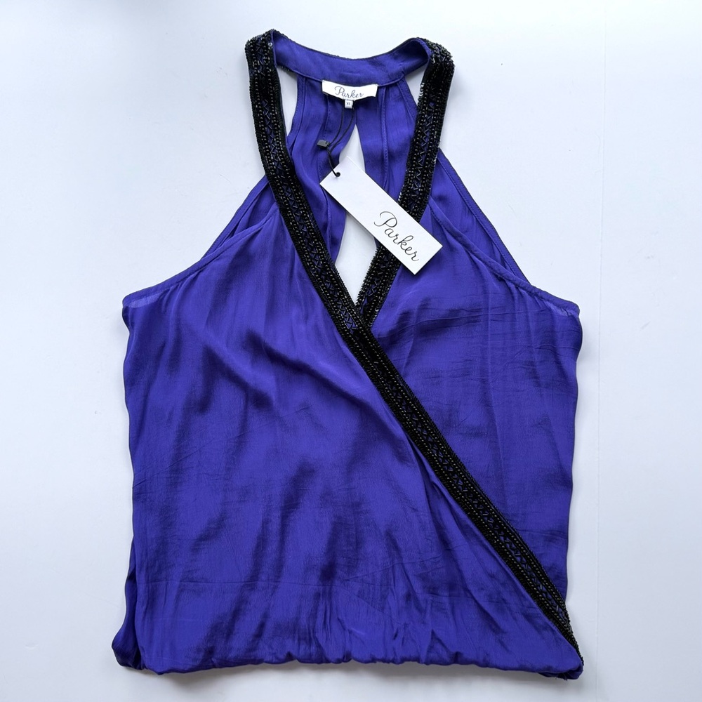 NWT Parker Draped Vineyard Purple Chiffon Open Back Tank Black Sequin Beading XS